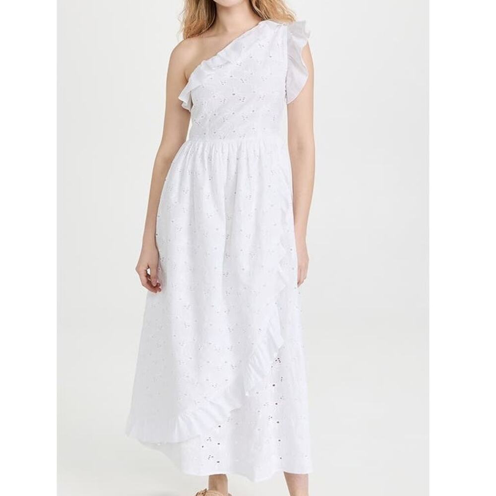 Batsheva Jude Midi Dress One Shoulder Eyelet Ruffle White Broderie Anglaise 10